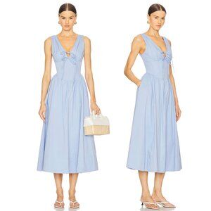ASTR the Label Maili Dress in Blue Cotton Midi Corset Drop Waist Milkmaid